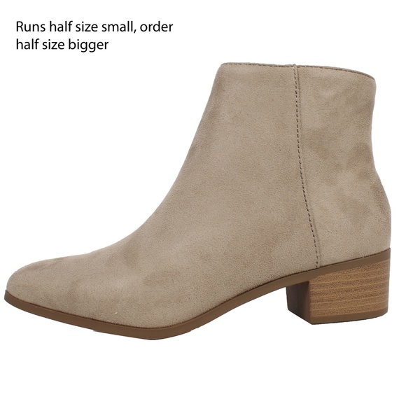 Clay Faux Suede Pointy Toe Low Stacked Heel Ankle Bootie - Picture 2 of 6